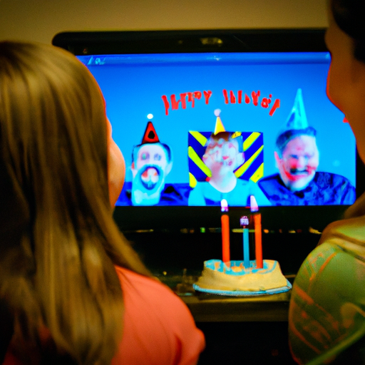 תמונה המציגה משפחה צופה בסרטון יום הולדת, מדגישה את השמחה והנוסטלגיה שהסרטון מביא.
