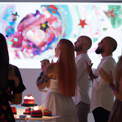 תמונה המציגה קבוצת אנשים צופים בקשב במצגת יום הולדת הכוללת סרטון.
