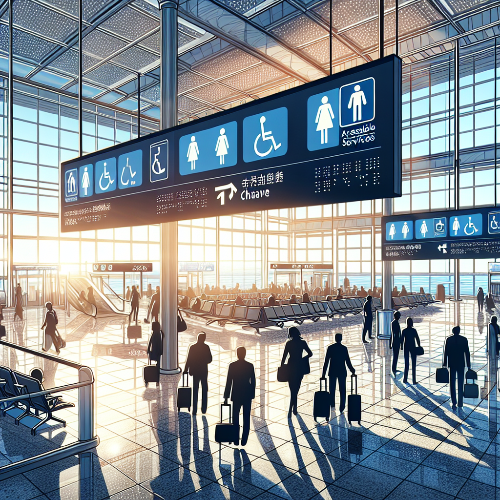 תמונה ממסד תעופה עם שילוט שירותים נגישים.